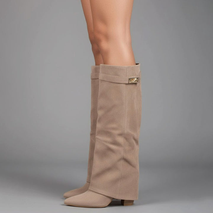 Damen Overknee Stiefel Mit Schnalle Spitzer Absatz Wildleder