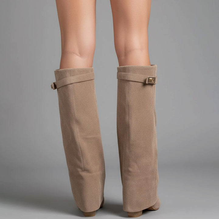Damen Overknee Stiefel Mit Schnalle Spitzer Absatz Wildleder