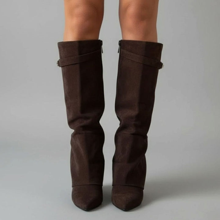 Damen Overknee Stiefel Mit Schnalle Spitzer Absatz Wildleder