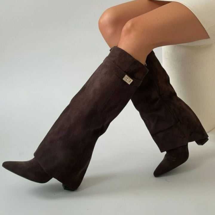 Damen Overknee Stiefel Mit Schnalle Spitzer Absatz Wildleder - Braunes Wildleder