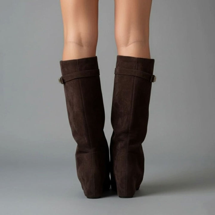 Damen Overknee Stiefel Mit Schnalle Spitzer Absatz Wildleder