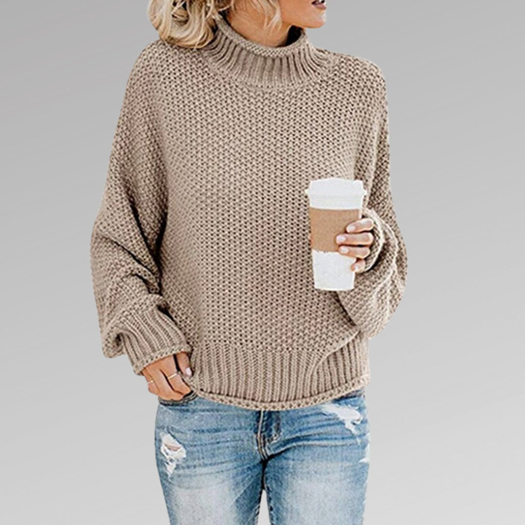 Damen Oversize Rollkragen Strickpullover für den Winter - Beige