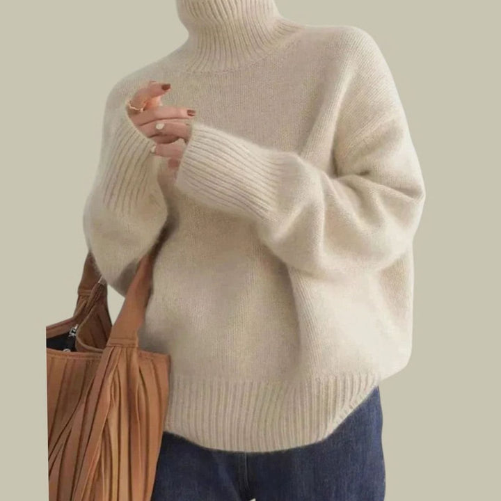 Damen Oversize Rollkragenpullover aus Merinowolle - Beige