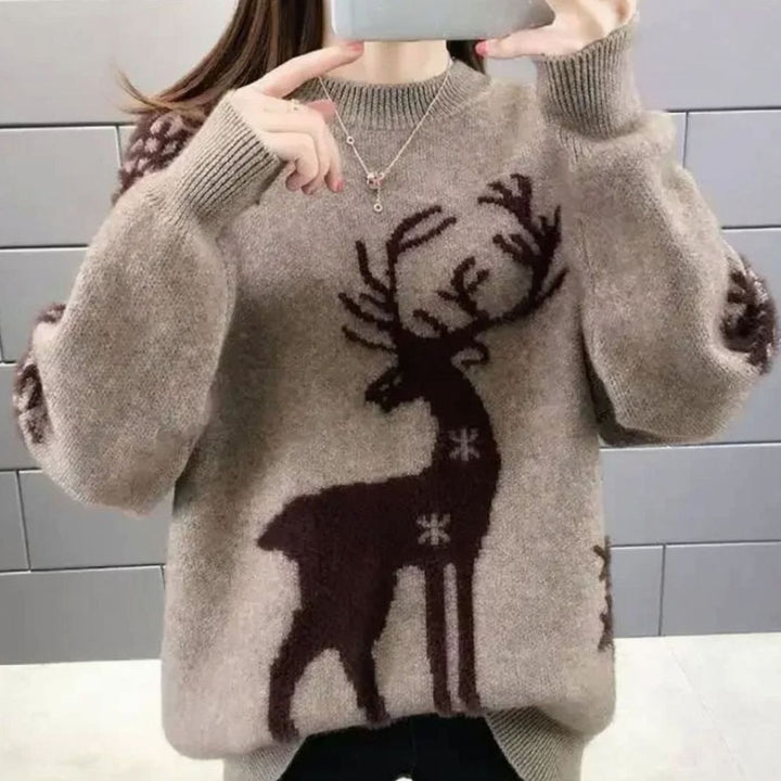 Damen Oversize Strickpullover mit Rentiermotiv Weihnachtspullover - Braun