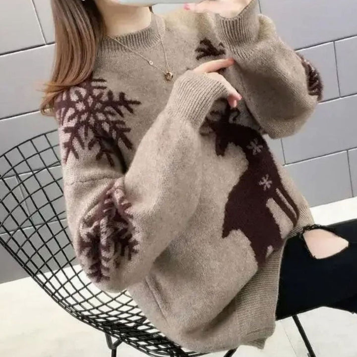 Damen Oversize Strickpullover mit Rentiermotiv Weihnachtspullover