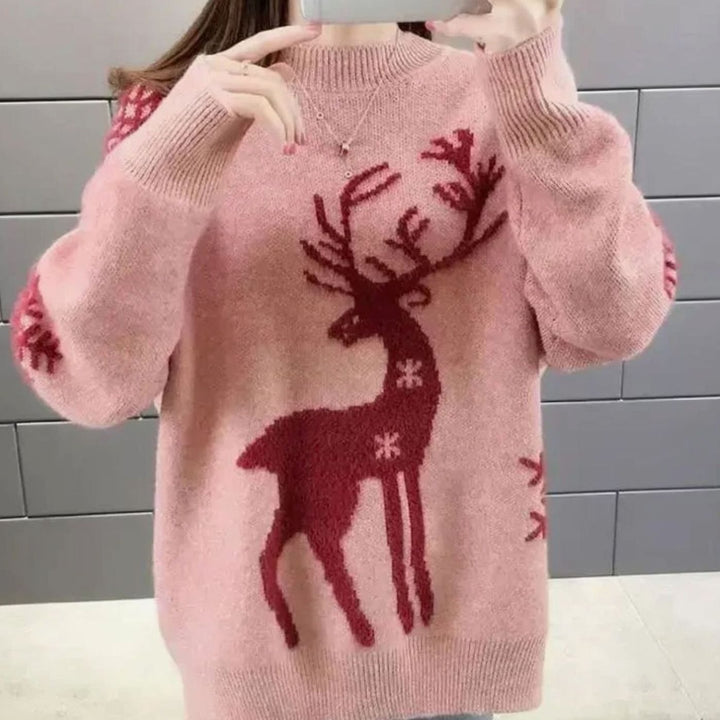 Damen Oversize Strickpullover mit Rentiermotiv Weihnachtspullover - Rosa