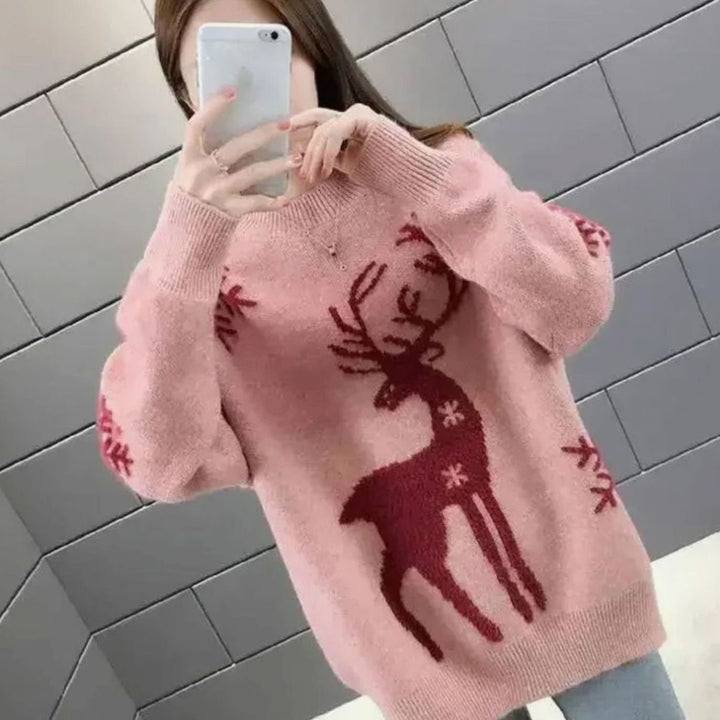 Damen Oversize Strickpullover mit Rentiermotiv Weihnachtspullover