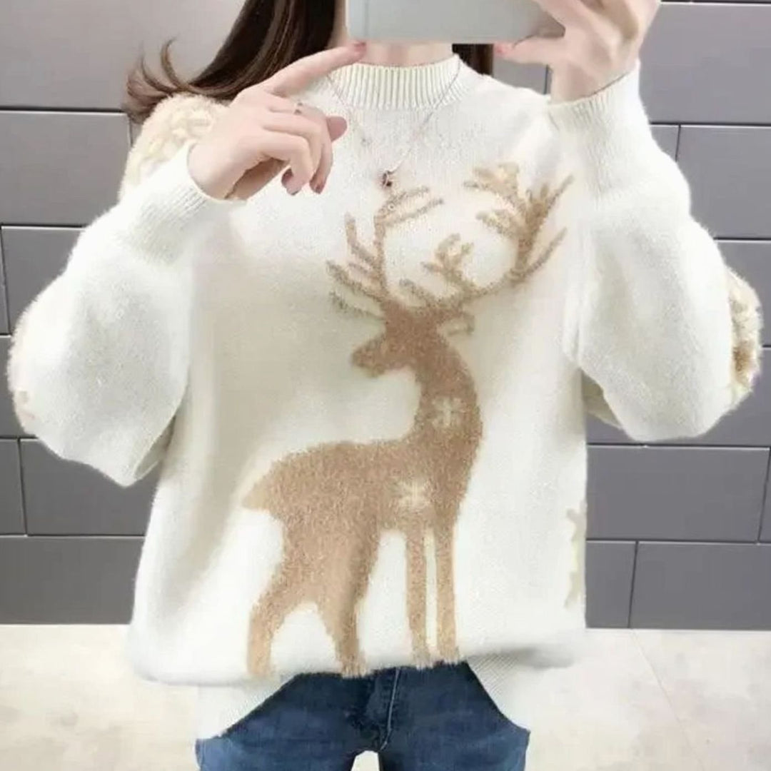 Damen Oversize Strickpullover mit Rentiermotiv Weihnachtspullover - Weiß