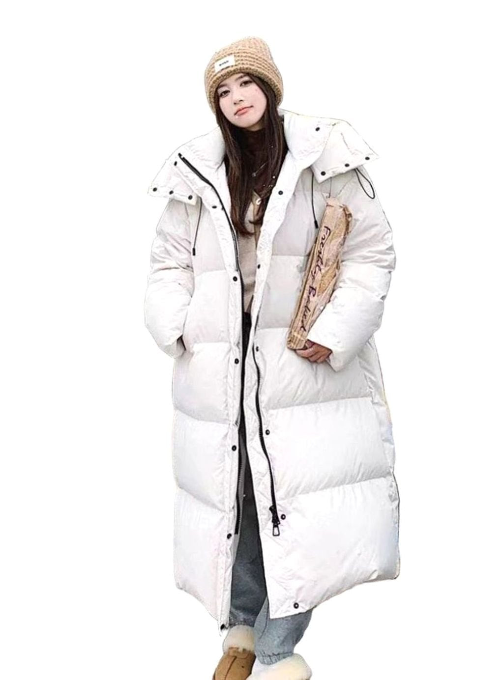 Damen Oversized Langer Kapuzen Puffer Mantel Winterjacke - Beige