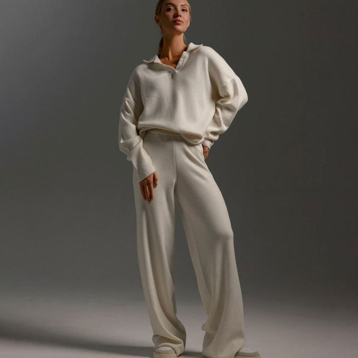 Damen Polopullover und Weitbein-Hosen-Set Oversized Lounge Zweiteiler - Beige