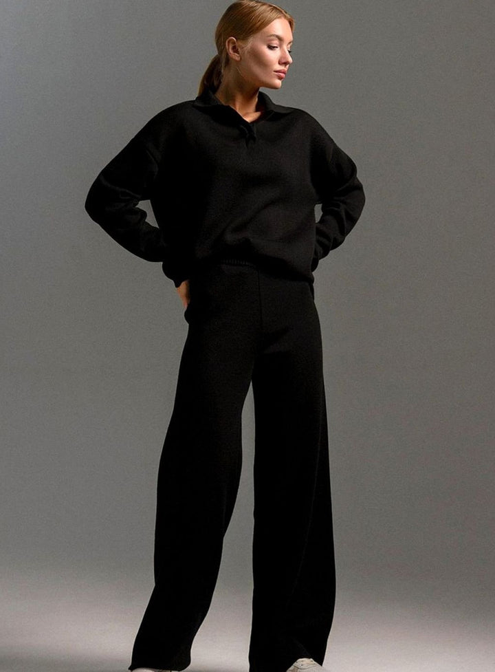 Damen Polopullover und Weitbein-Hosen-Set Oversized Lounge Zweiteiler - Schwarz