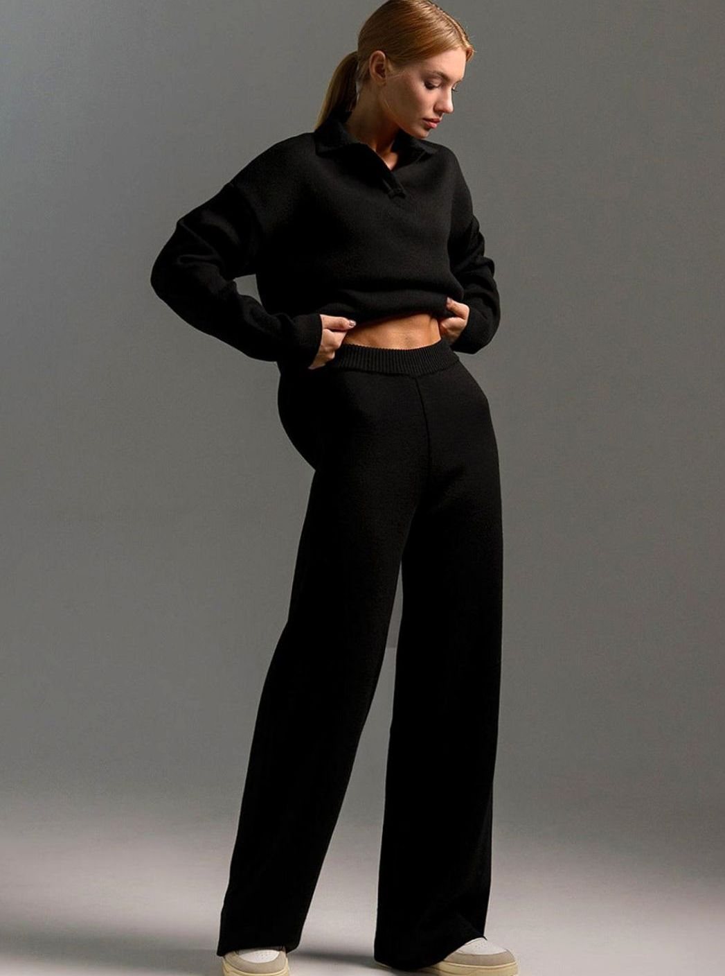 Damen Polopullover und Weitbein-Hosen-Set Oversized Lounge Zweiteiler