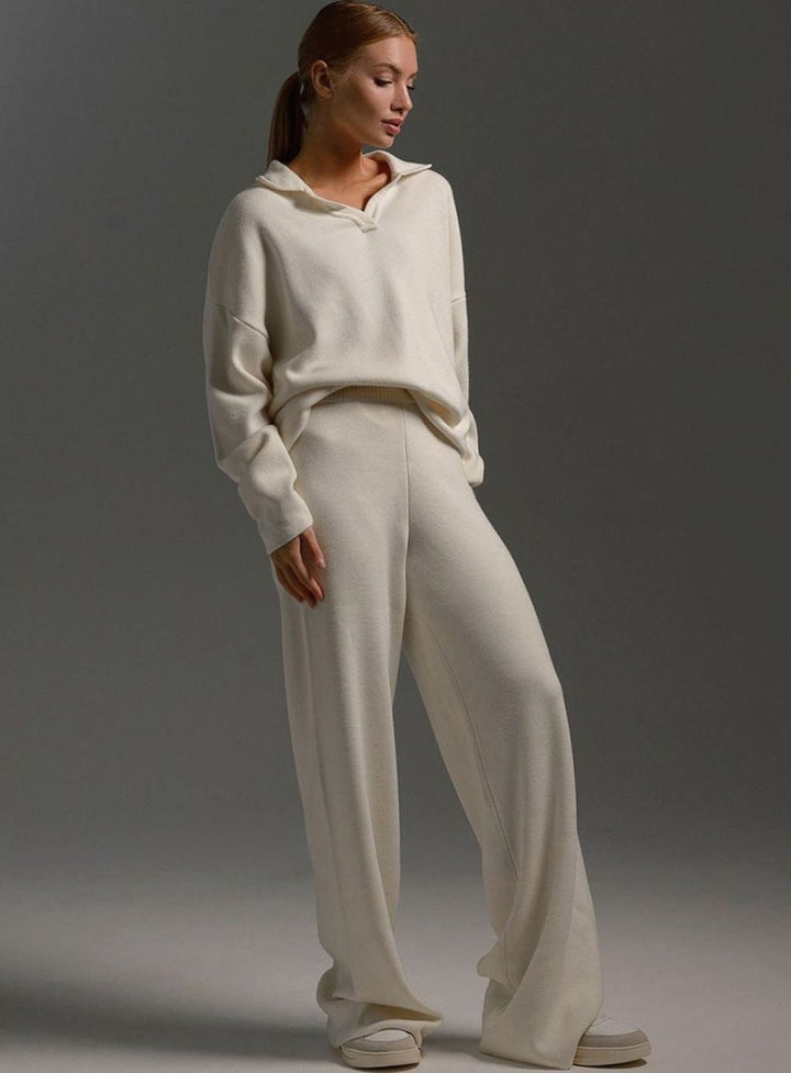 Damen Polopullover und Weitbein-Hosen-Set Oversized Lounge Zweiteiler