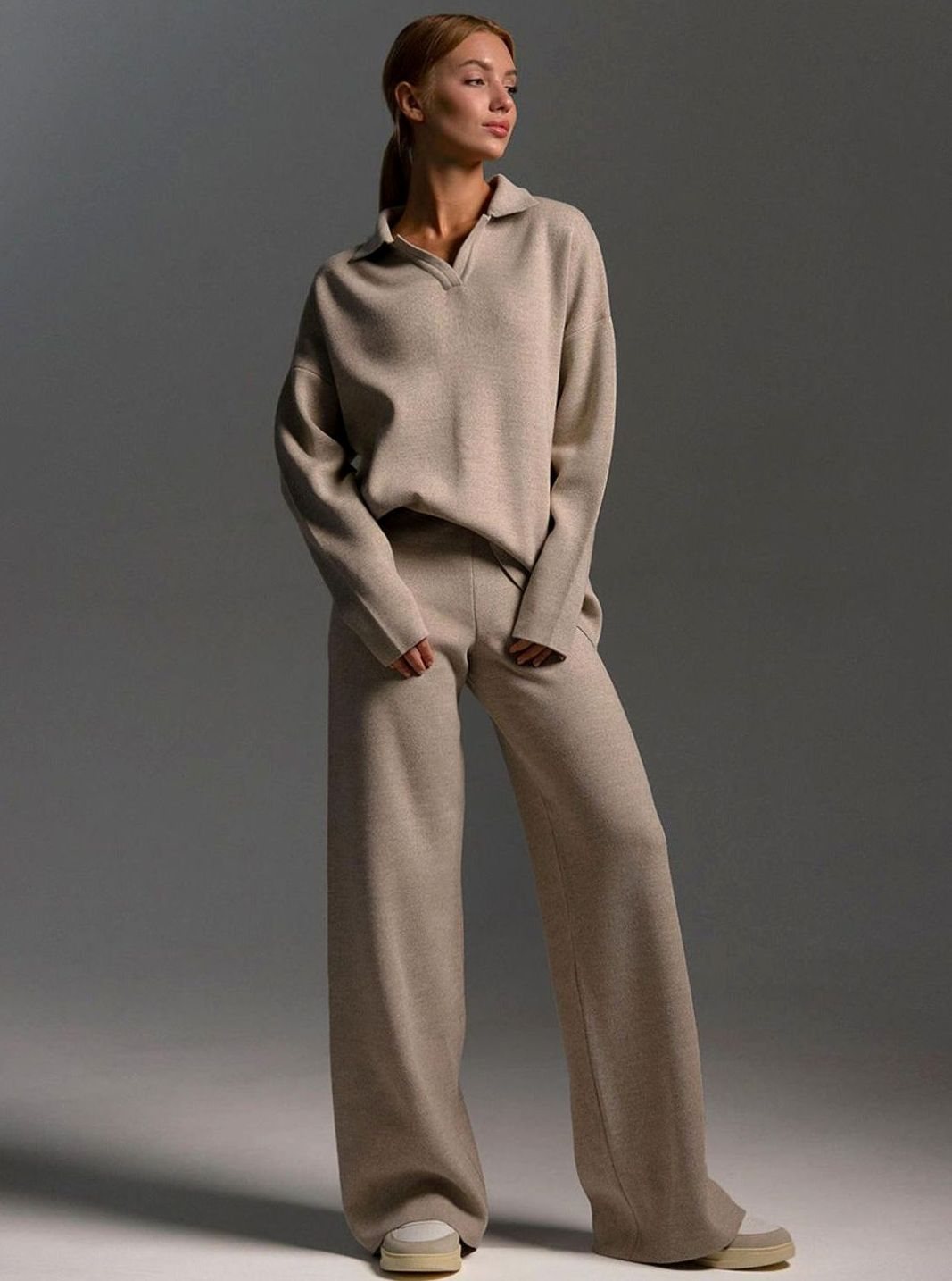Damen Polopullover und Weitbein-Hosen-Set Oversized Lounge Zweiteiler - Khaki