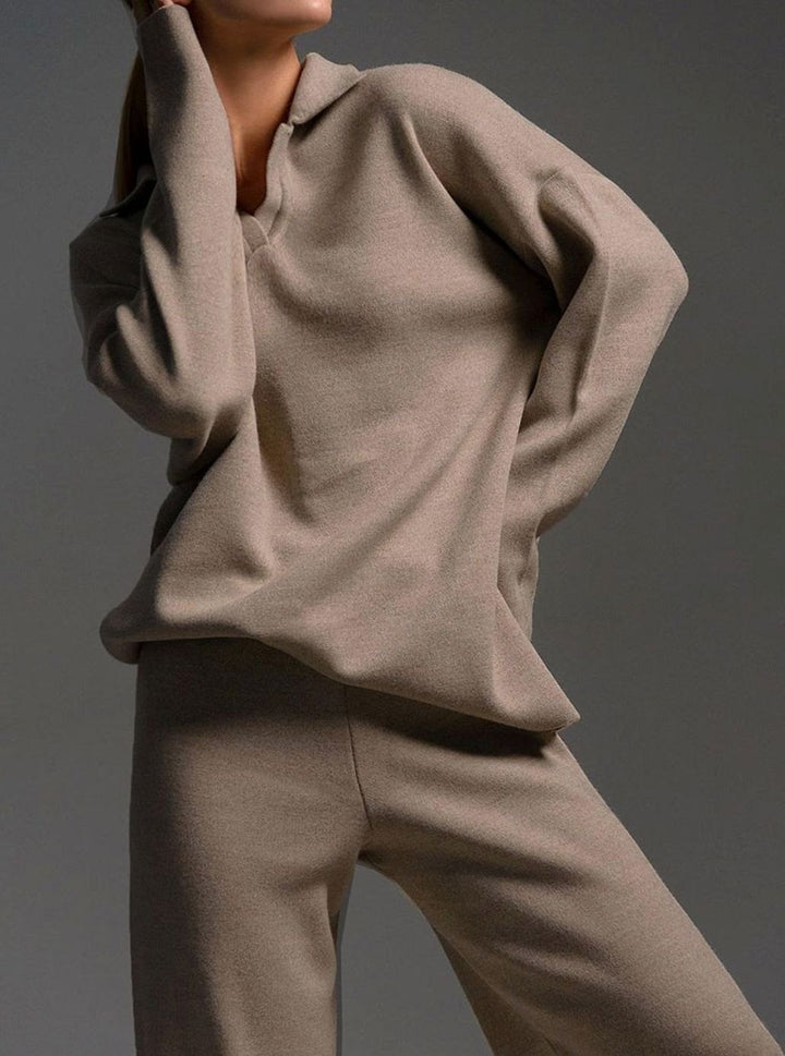Damen Polopullover und Weitbein-Hosen-Set Oversized Lounge Zweiteiler