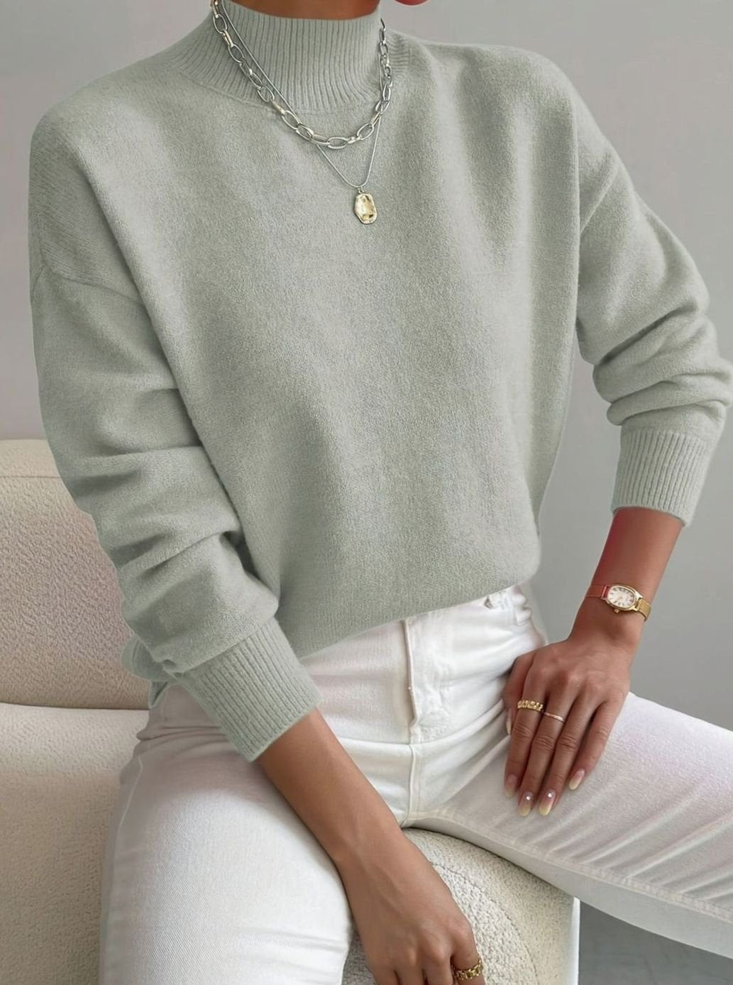 Damen Rollkragen Strickpullover mit Rippenmuster weicher Winterpullover - Hellgrün