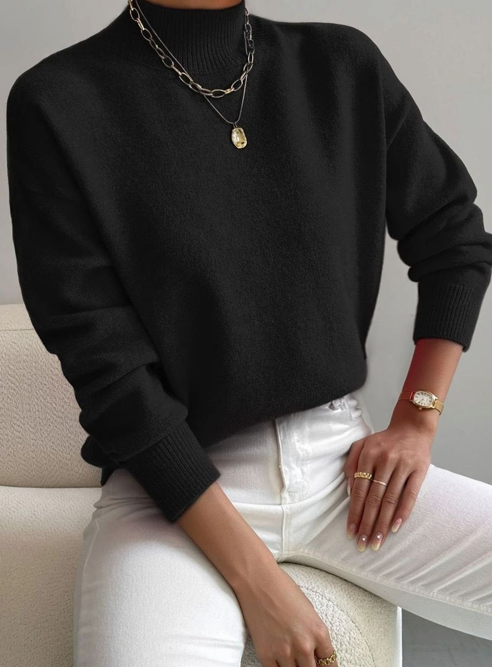 Damen Rollkragen Strickpullover mit Rippenmuster weicher Winterpullover - Schwarz