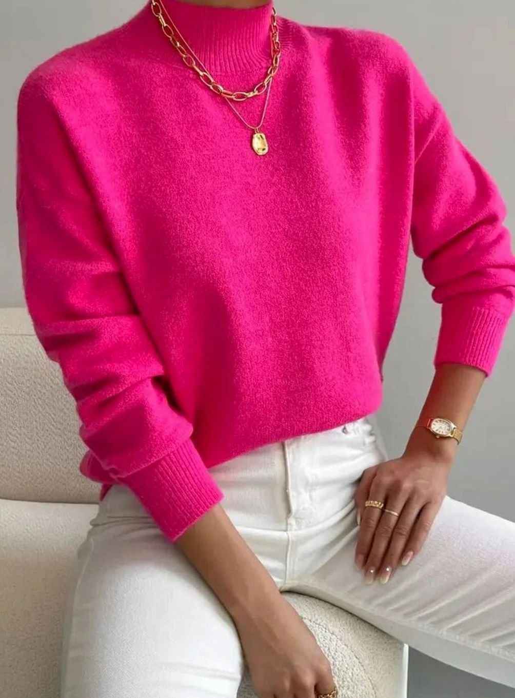 Damen Rollkragen Strickpullover mit Rippenmuster weicher Winterpullover - Rosa
