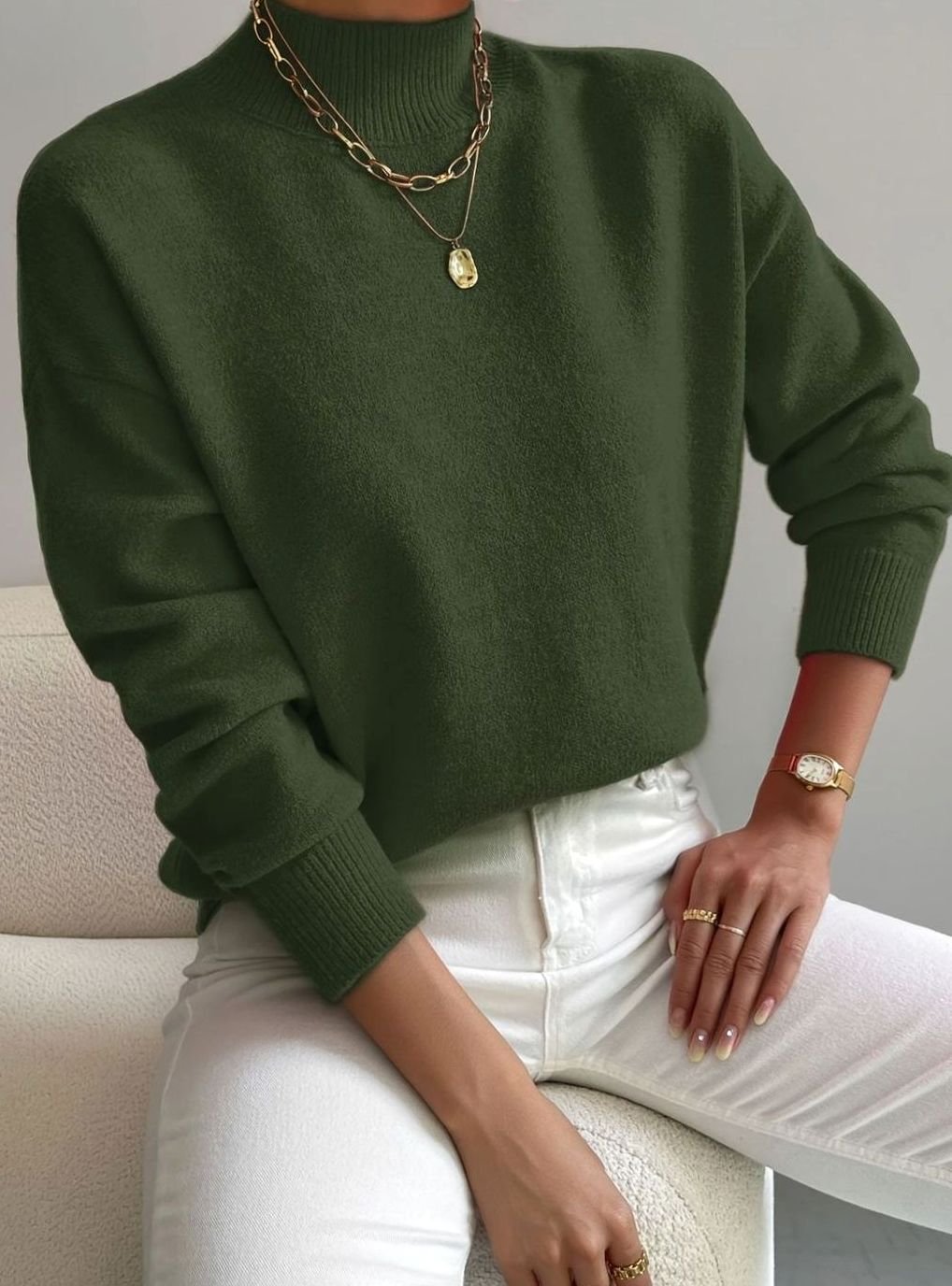Damen Rollkragen Strickpullover mit Rippenmuster weicher Winterpullover - Grün