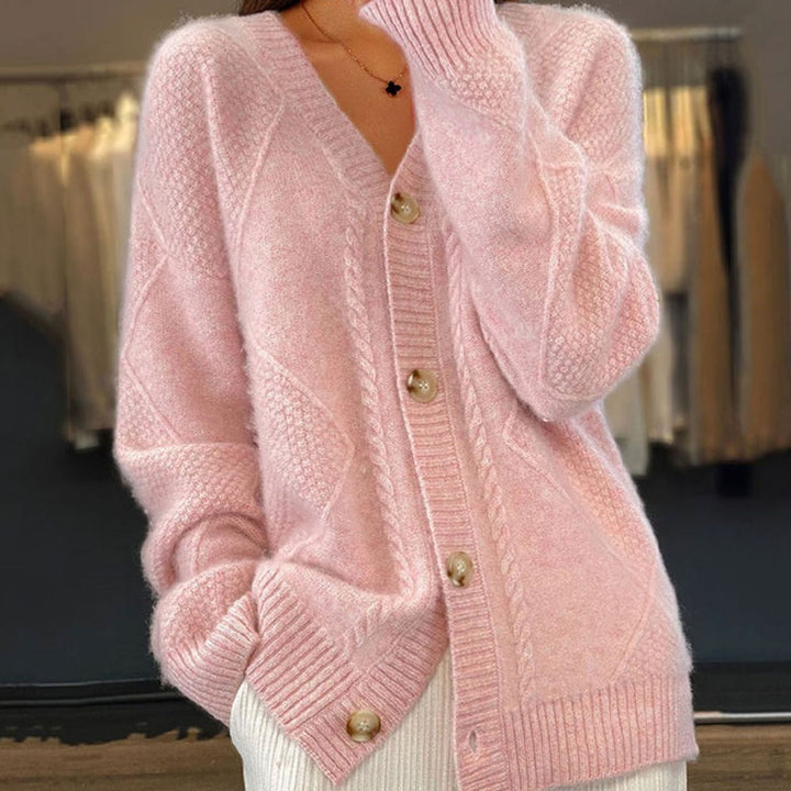 Damen Strickjacke langen Ärmeln weicher Zopfmuster Cardigan - Rosa