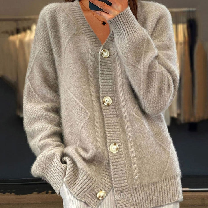 Damen Strickjacke langen Ärmeln weicher Zopfmuster Cardigan - Grau