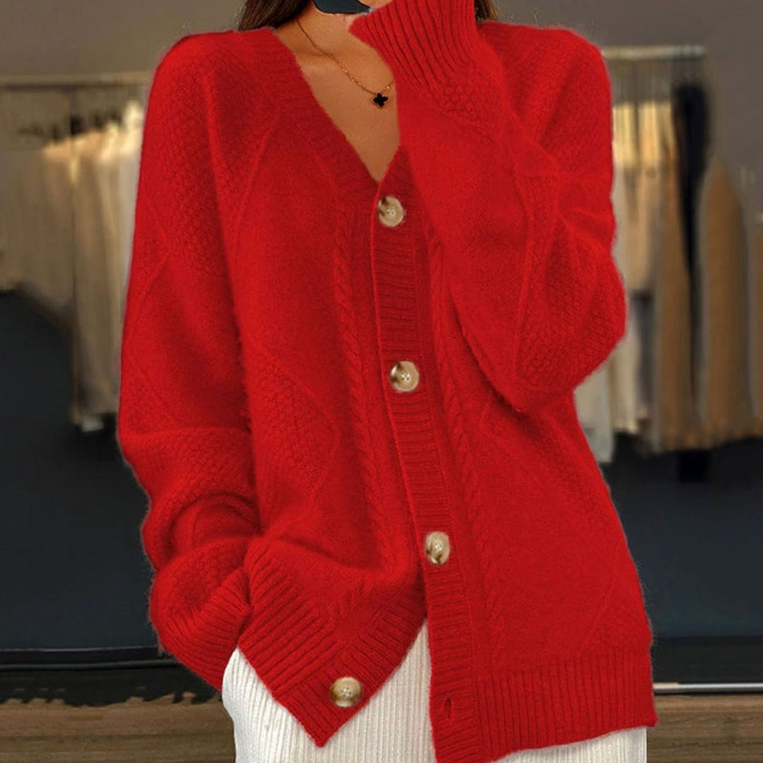 Damen Strickjacke langen Ärmeln weicher Zopfmuster Cardigan - Rot