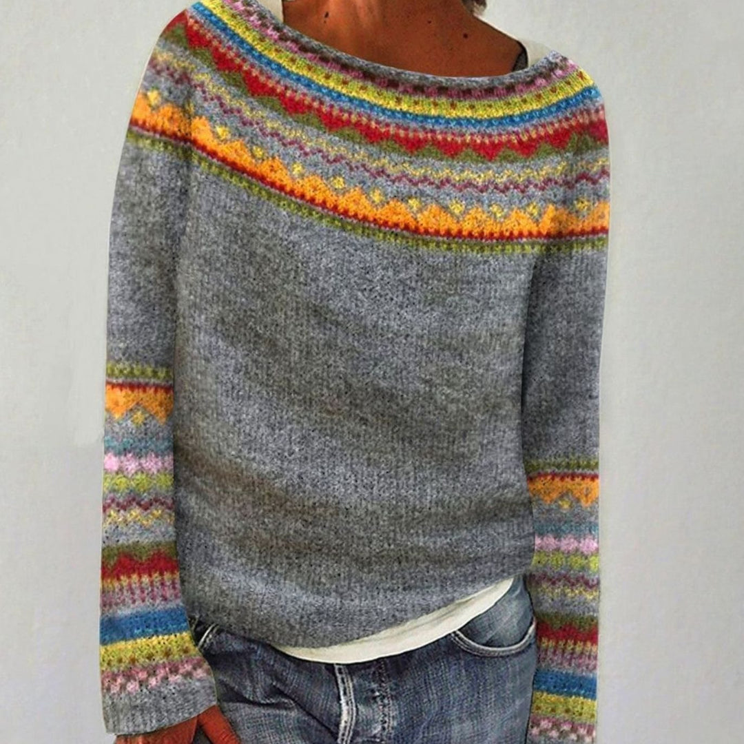 Damen Strickpullover für den Alltag mit Rundhalsausschnitt und buntem Muster - Grau / Orange