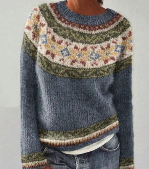 Damen Strickpullover für den Alltag mit Rundhalsausschnitt und buntem Muster - Blau