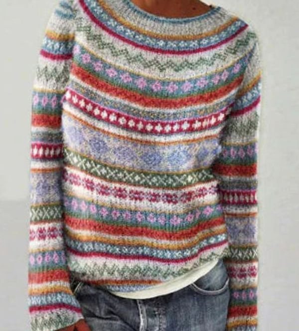 Damen Strickpullover für den Alltag mit Rundhalsausschnitt und buntem Muster - Rot-Weiß-Orange