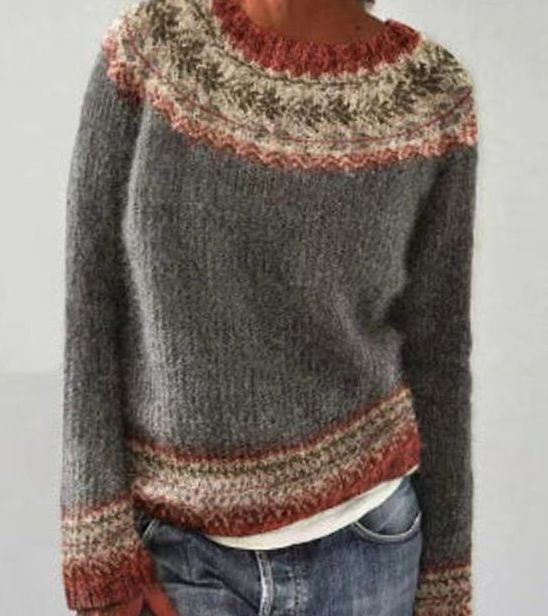 Damen Strickpullover für den Alltag mit Rundhalsausschnitt und buntem Muster - Grauer Kranz