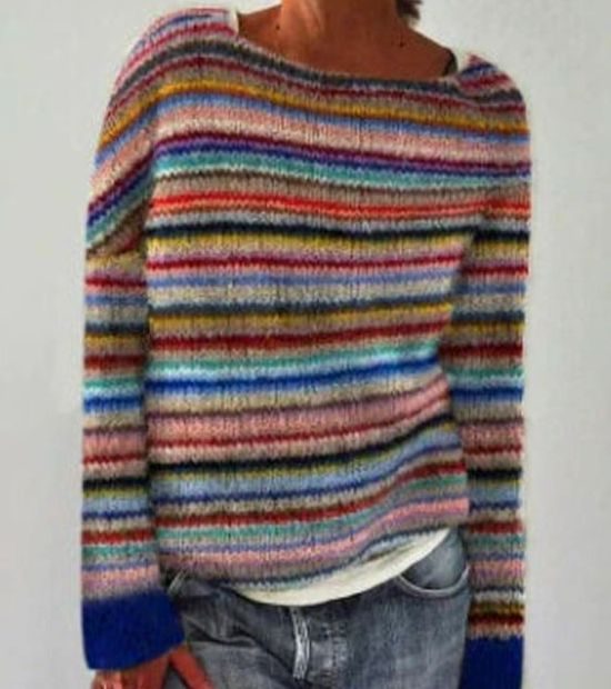 Damen Strickpullover für den Alltag mit Rundhalsausschnitt und buntem Muster - Regenbogen