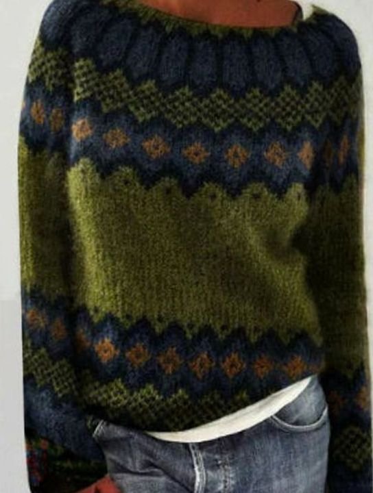 Damen Strickpullover für den Alltag mit Rundhalsausschnitt und buntem Muster - Grün