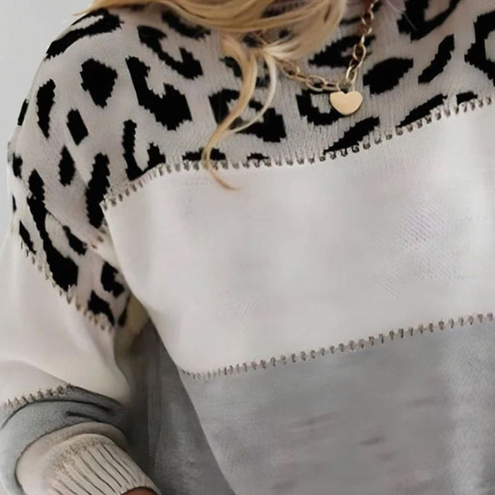 Damen Strickpullover mit Farbblock und Leopardenmuster Rundhals