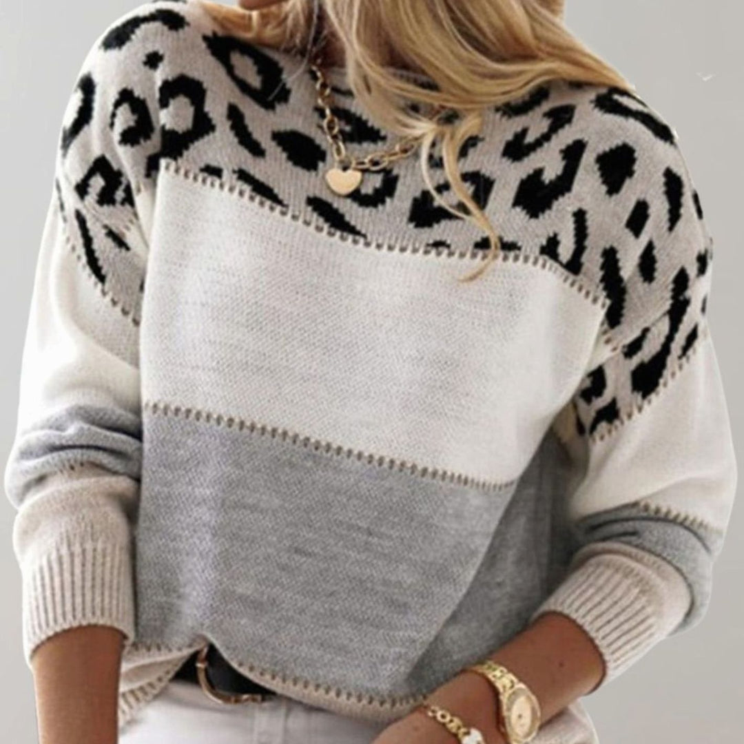 Damen Strickpullover mit Farbblock und Leopardenmuster Rundhals