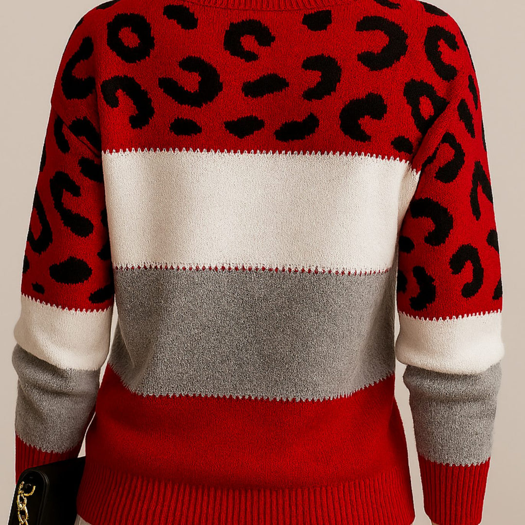 Damen Strickpullover mit Farbblock und Leopardenmuster Rundhals - Rot