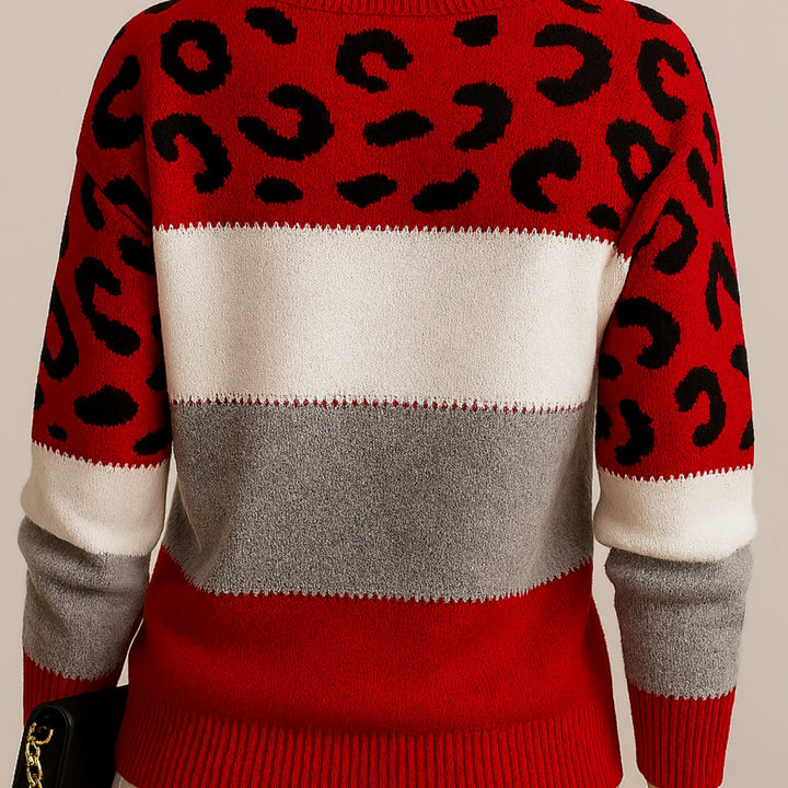 Damen Strickpullover mit Farbblock und Leopardenmuster Rundhals - Rot