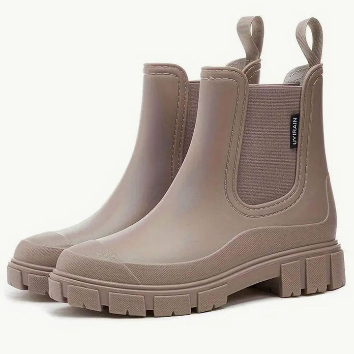 Damen Wasserdichte Slip-On Chelsea Stiefel Blockabsatz Gummistiefel