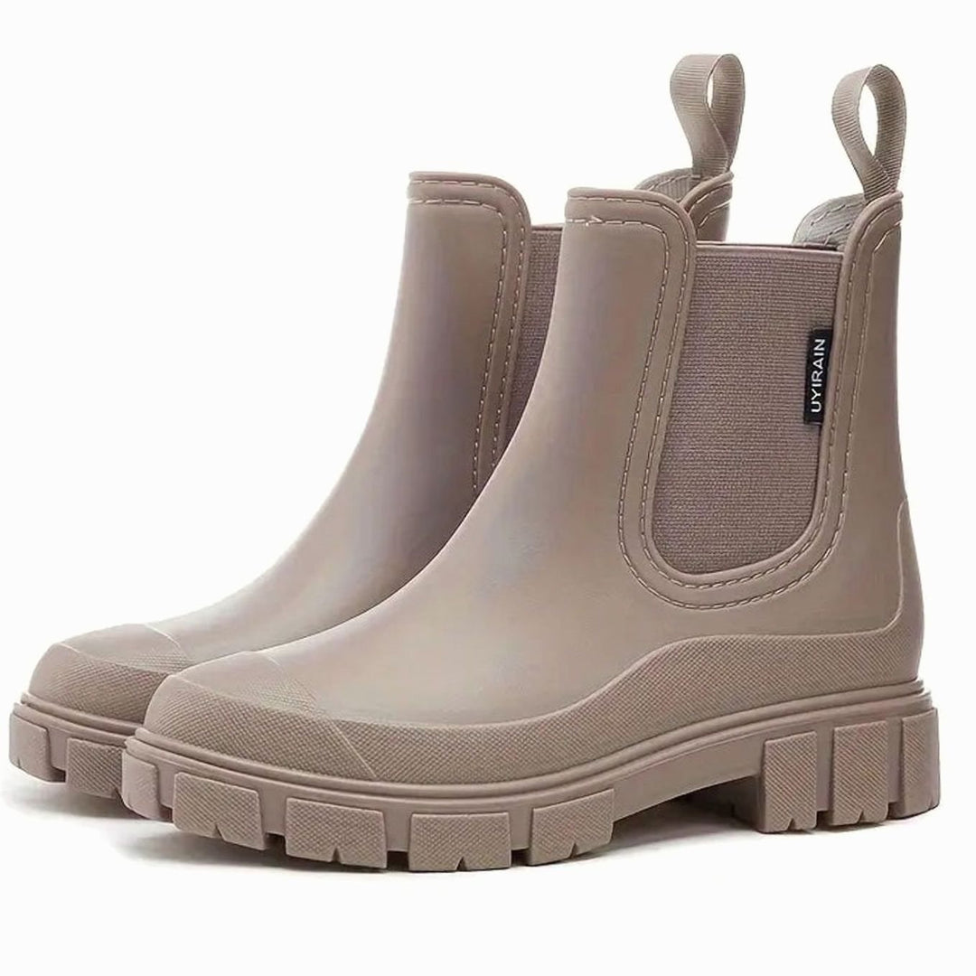 Damen Wasserdichte Slip-On Chelsea Stiefel Blockabsatz Gummistiefel - Braun