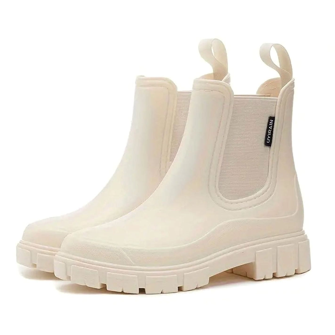 Damen Wasserdichte Slip-On Chelsea Stiefel Blockabsatz Gummistiefel - Beige