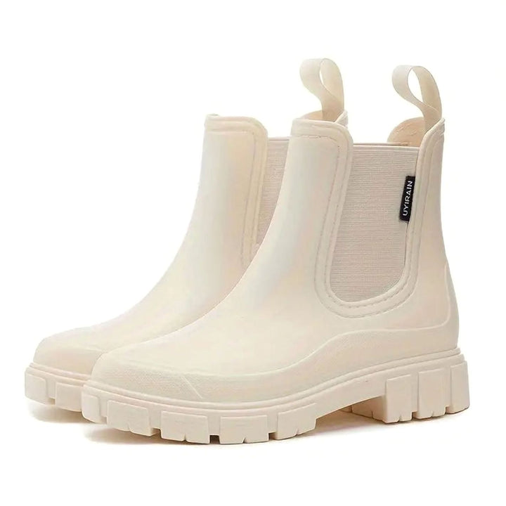 Damen Wasserdichte Slip-On Chelsea Stiefel Blockabsatz Gummistiefel - Beige