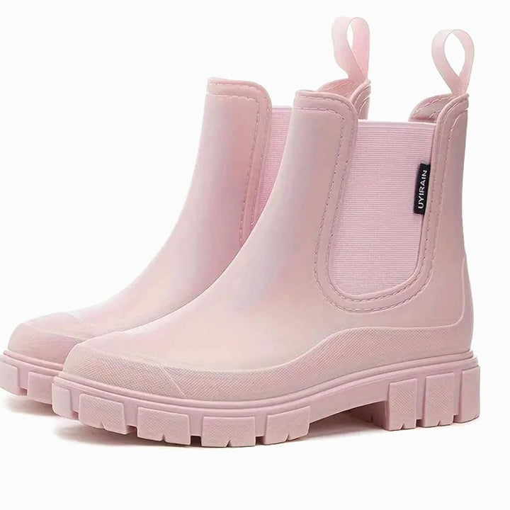 Damen Wasserdichte Slip-On Chelsea Stiefel Blockabsatz Gummistiefel - Rosa