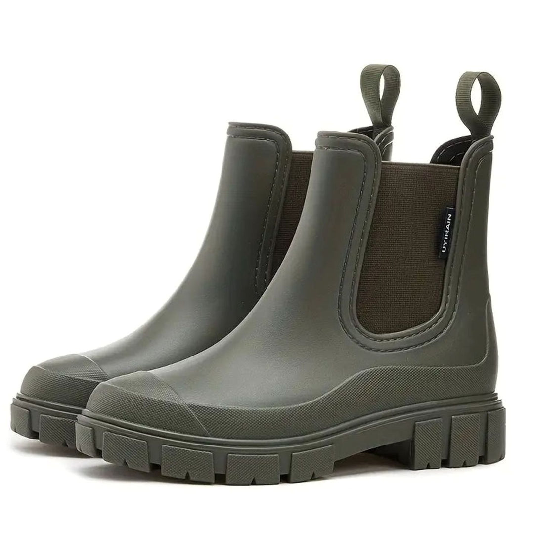 Damen Wasserdichte Slip-On Chelsea Stiefel Blockabsatz Gummistiefel - Grün