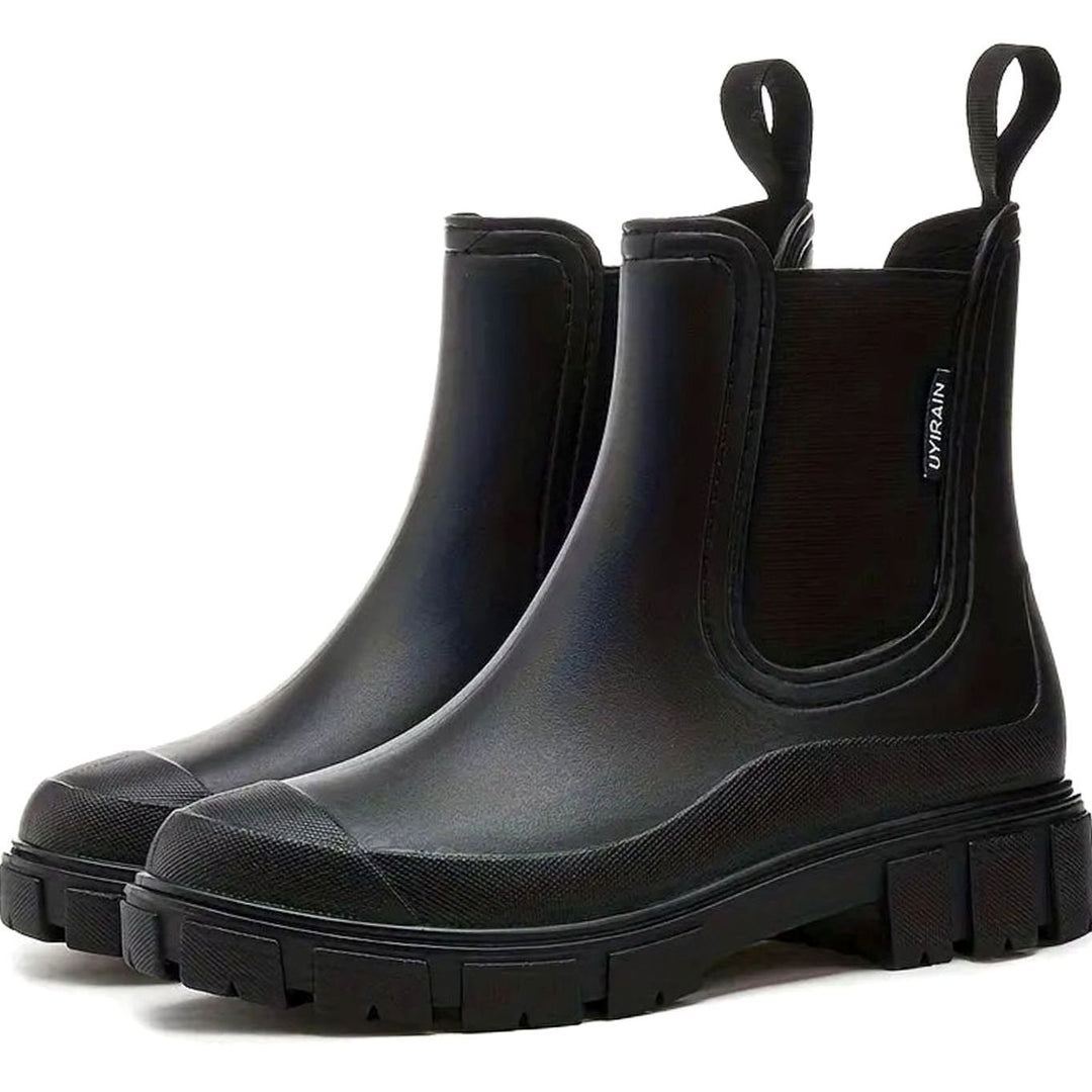 Damen Wasserdichte Slip-On Chelsea Stiefel Blockabsatz Gummistiefel - Schwarz