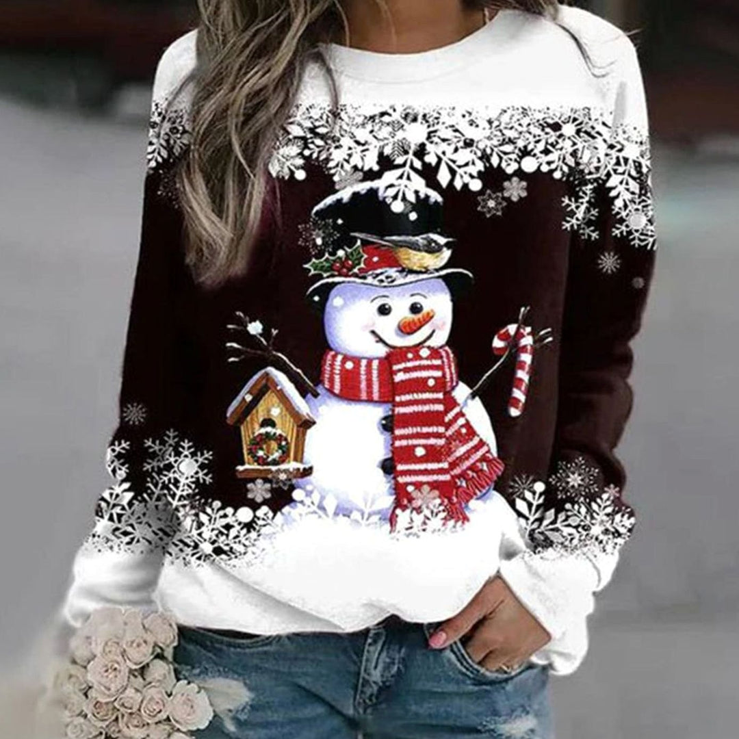 Damen Weihnachts-Sweatshirt mit Schneemann-Motiv Lockere Passform - Dunkelbraun