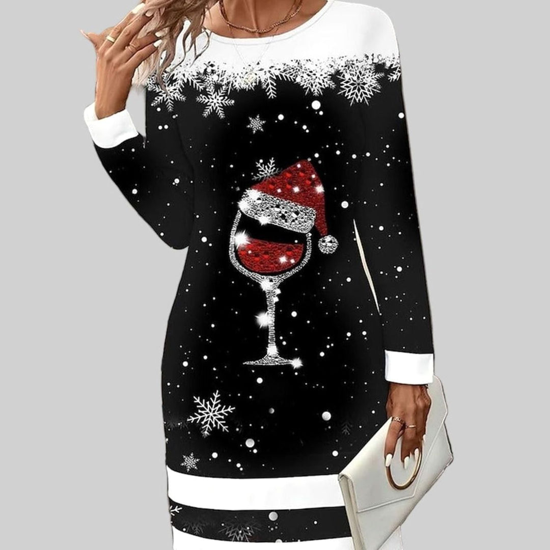 Damen Weihnachtskleid mit Weinglas und Weihnachtsmannmotiv Langarm Pulloverkleid