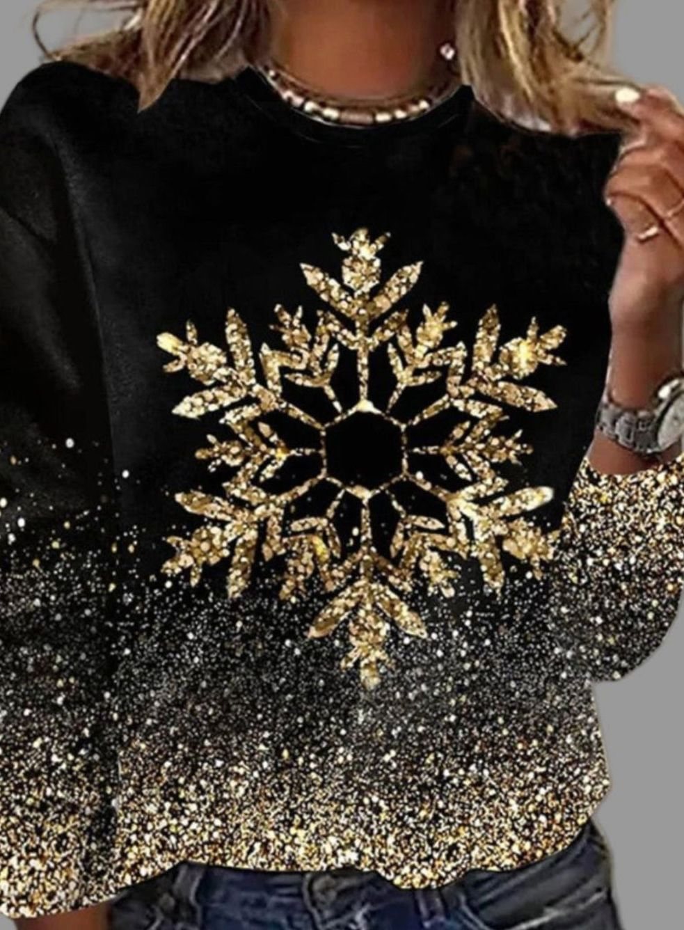 Damen Weihnachtspullover goldenen Schneeflocken Glitzer Rundhals Langarm