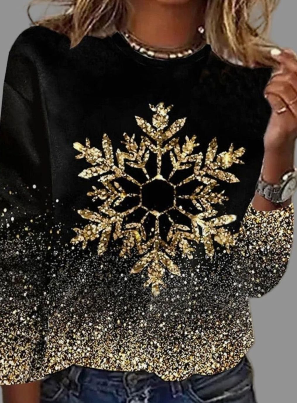 Damen Weihnachtspullover mit goldenen Sneeuwvlokken Glitzer Motiv