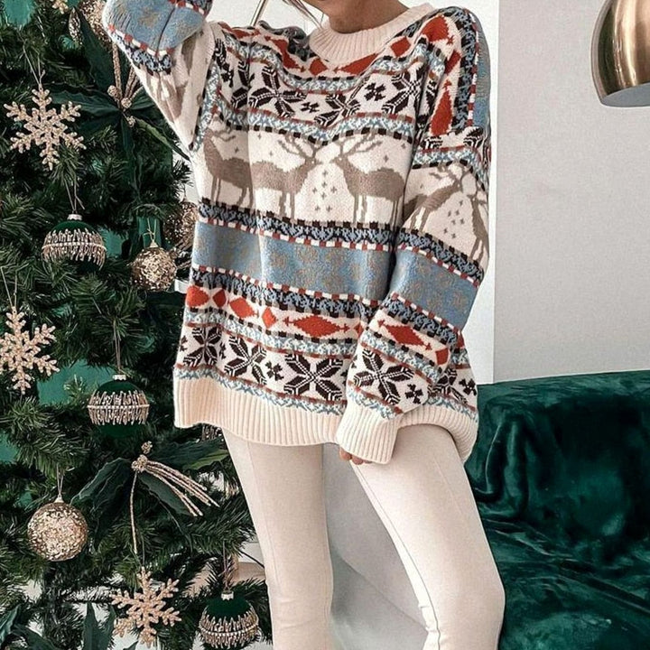 Damen Weihnachtspullover mit Rentiermuster Oversized Strickpullover - Beige
