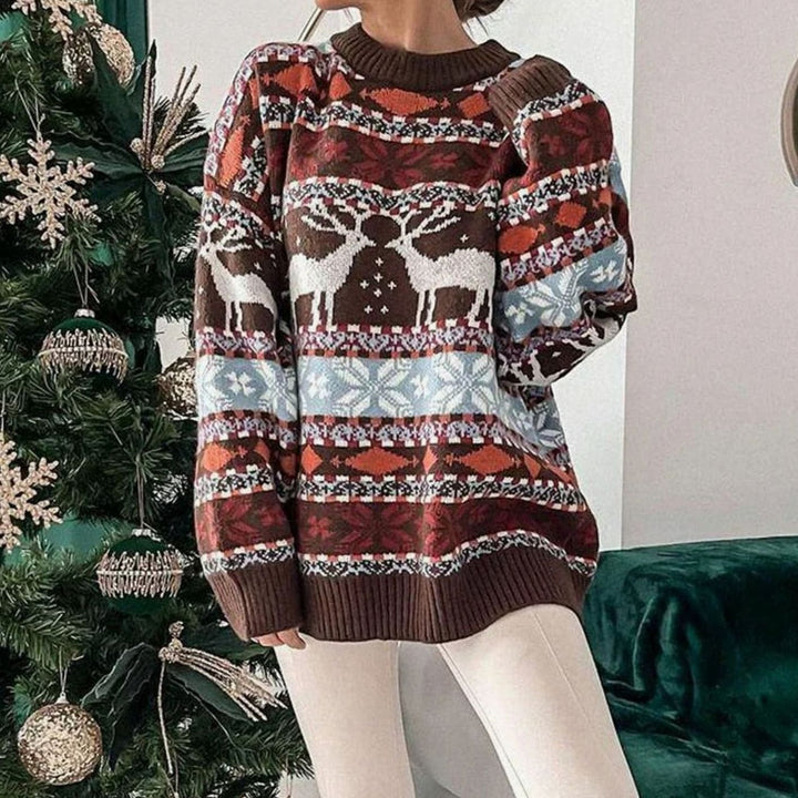Damen Weihnachtspullover mit Rentiermuster Oversized Strickpullover - Braun