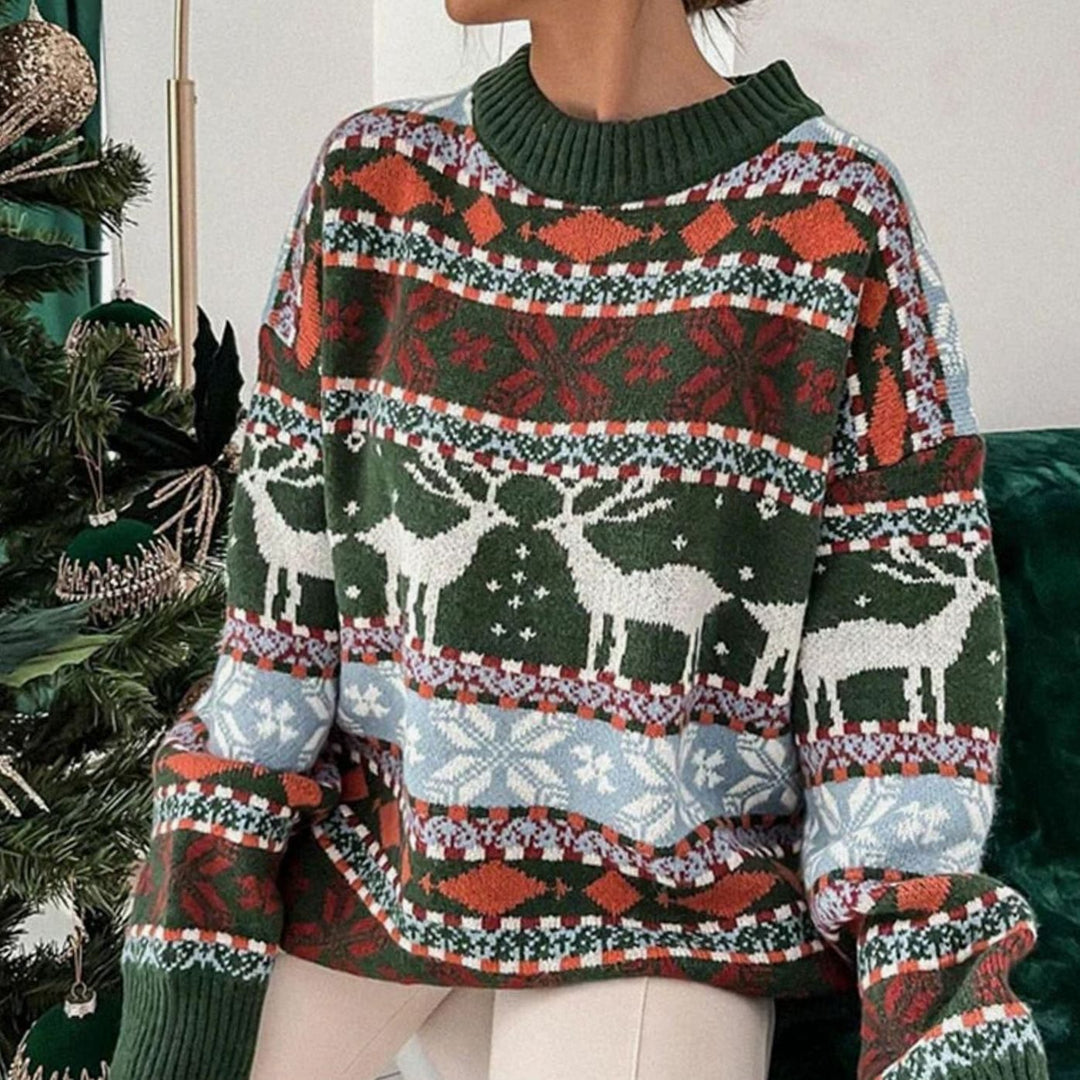 Damen Weihnachtspullover mit Rentiermuster Oversized Strickpullover - Grün